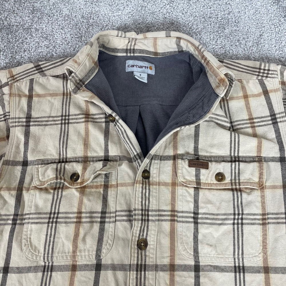 Carhartt Thermal Lined Flannel Shirt Mens Small Plaid‎ Work Shirt Distressed